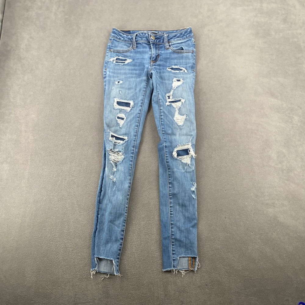 American Eagle Super Stretch Low Rise Jeggings Blue Distressed Skinny Jeans 0 R